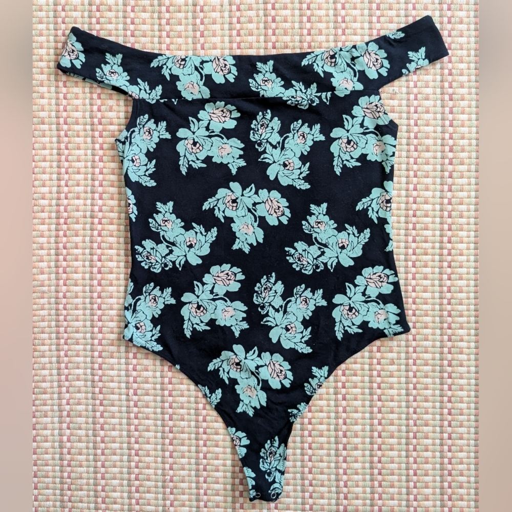 Intimately Free People So Much Floral Black Teal Off Shoulder Bodysuit